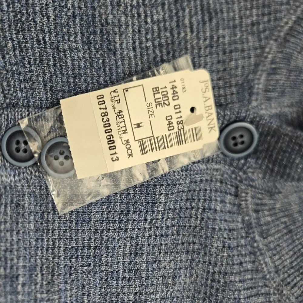 Jos. A. Bank Sweater Vip 4 Bttn Mock Mens M Blue Neck Quarter Button Merino